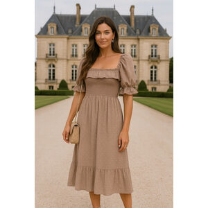 R. Yiposha Midi Dress Cottagecore Piff Sleeve Square Neck Summer Spring Boho XL